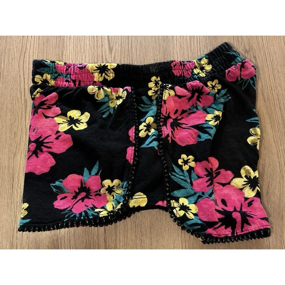 Justice Girls Floral Pull-On Shorts Size 12 Cotton Elastic Waist Black